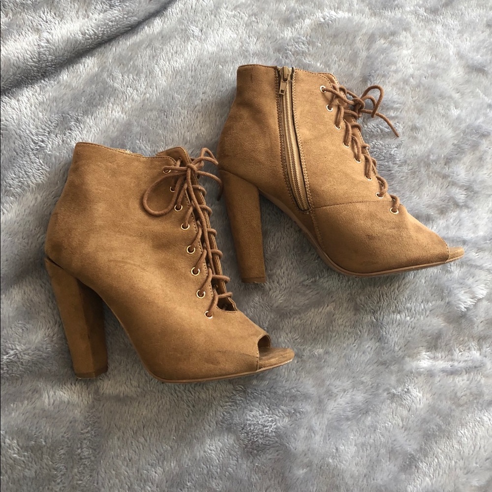Peep-Toe Lace-Up Tan Booties